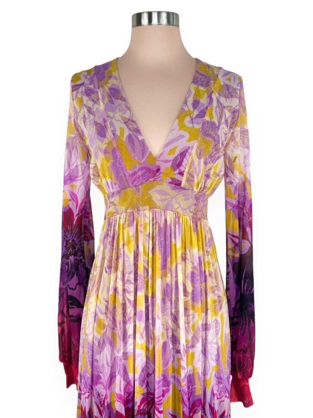 Fuzzi Gaultier Degrade Multicolor Floral Ombre Long Sleeve Maxi Dress NWT New XL - Picture 3 of 7